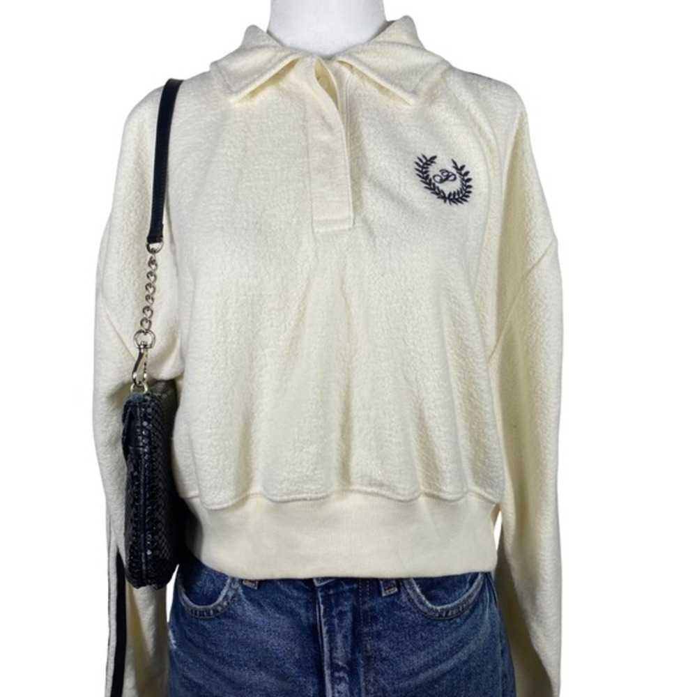 Y2K Victoria's Secret Pink Fleece Polo Sweatshirt Women's Small White Preppy Top